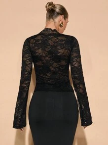 SHEIN BAE Women's Solid Black Long Sleeve Top, Sexy Deep V-Neck, Lace Flared Sleeves, Sheer, Elegant, Romantic, Suitable For Layering, Dates, Parties - Black - View 2
