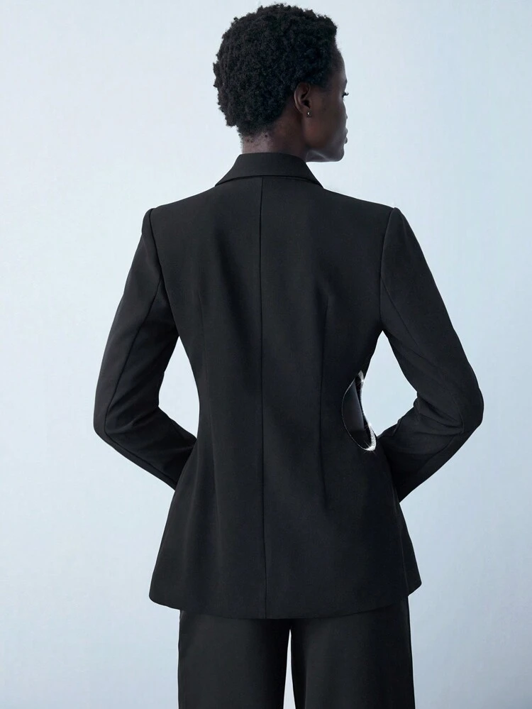 SHEIN Maija Blazer élégant pour femmes, couleur unie noire, col châle, manches longues, côtés évidés