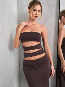 SHEIN BAE Vestido elegante de mujer de unicolor café, con corte hueco, apropiado para citas diarias, salidas, fiestas en discotecas y reuniones