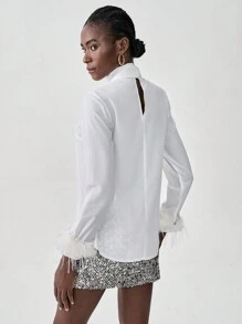 SHEIN Unity 女士 V 领系带羽毛边长袖衬衫 - 白色 - 查看 2