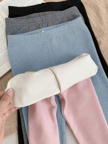 SHEIN LMoss Kids LMoss 4 双女婴弹力腰纯色针织打底裤套装，适合秋冬季 - 彩色 - 查看 2