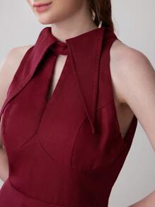 SHEIN Belle Burgundy Red Women's Elegant Open Shoulder Solid Color Formal Evening Dress (Heavy Style) - Burgundy - View 4