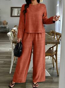 SHEIN Unity Plus Size Fall Casual Lace-Up Back Long Sleeve Top & Wide Leg Pants 2 Pieces Set - Redwood - View 2