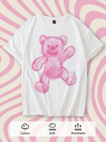 Tseoso 夏季女士休闲超大圆领短袖 T 恤，卡通印花，超大码，男女通用 - 白色 - 查看 10