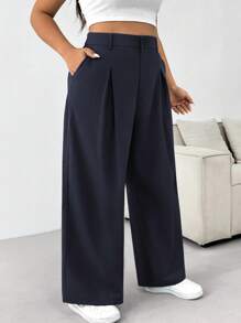 SHEIN EZwear 大码纯色前扣简约西装裤，休闲日常装，毕业装，返校装，秋冬女士教师装 - 藏蓝色 - 查看 5