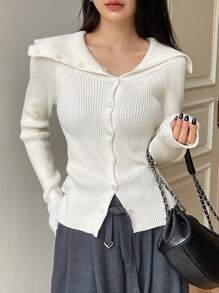 DAZY Solid Color Asymmetric Collar Cardigan For Women,Fall Clothes - Beige - View 3