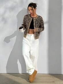 SHEIN Unity Áo khoác cardigan dài tay họa tiết da báo hở vai thường ngày cho nữ - Nhiều màu - Xem 3