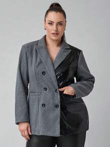 SHEIN Clasi Plus Size Women's PU Patchwork Suit Jacket For Office/Commute Wear In Autumn & Winter - Multicolor - View 7