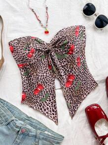 Soleia 性感休闲豹纹樱桃结开衩抹胸上衣 - 彩色 - 查看 1