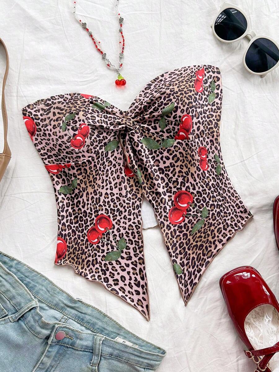Soleia 性感休闲豹纹樱桃结开衩抹胸上衣 - 彩色 - 查看 1
