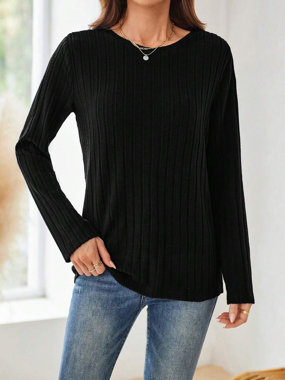 Fall Women Clothes Dark Blue Round-Neck Long-Sleeve T-Shirt For Autumn