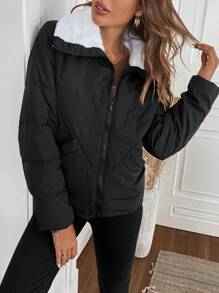 SHEIN LUNE 1pc Women's Black Casual Lune Down& Feathers Coat, Winter,Basic Top,Travel Outfit Airport