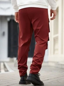 Manfinity CasualCool Men's Casual Solid Cargo Pants With Front Drawstring & Multiple Pockets
