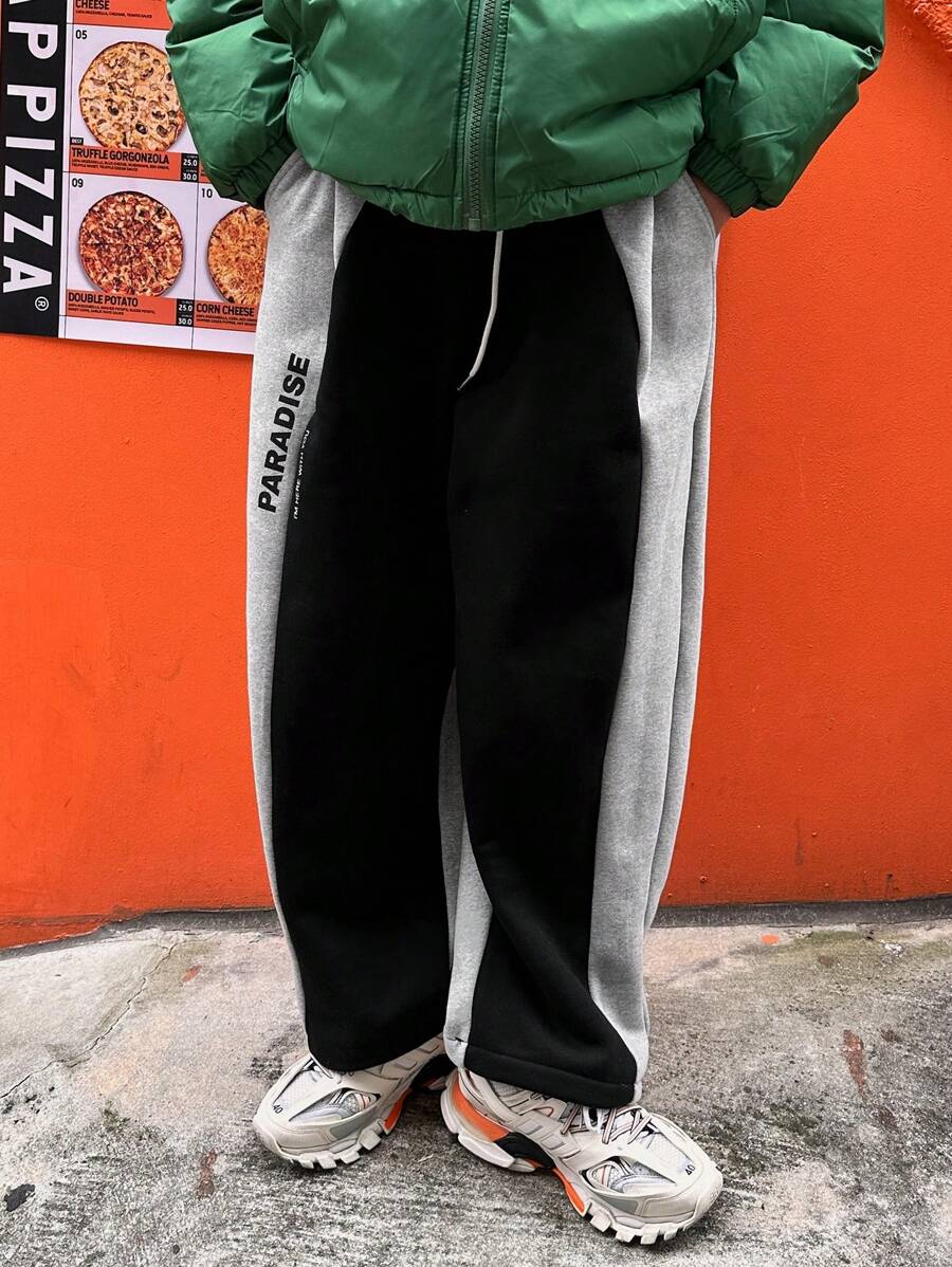 DAZY Men's Letter Print Patchwork Fleece Sweatpants, Autumn Men Joggers,Winter