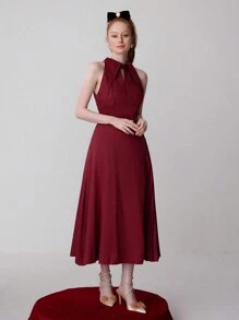 SHEIN Belle Burgundy Red Women's Elegant Open Shoulder Solid Color Formal Evening Dress (Heavy Style) - Burgundy - View 5