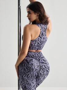 Menodora SHEIN Sport Menodora SHEIN Sport 女士全印花圆领运动胸罩，适合钢管舞和日常健身 - 黑色 - 查看 2