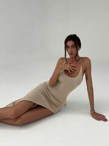 Aloruh 性感无袖露背连衣裙，休闲宽松夏季长裙 - 卡其色 - 查看 3