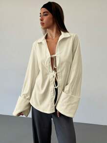 Aloruh 4-Season Lace-Up Lapel Textured Pattern Elegant Commuter Jacket, New Arrival