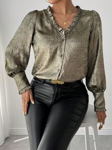 Chiquease Women's Slim Fit Flounced Hem Foil Printed Blouse Fall Cloth For Women - Bronze - View 6