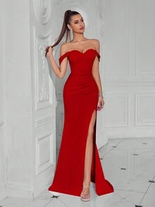 ADYCE Vestido de noche con hombros descubiertos, fruncido delantero, abertura y espalda descubierta, apto para fiesta formal, vestido de boda de invitado - Rojo - Ver 3