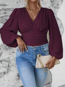 Franclia Blusa de manga larga con cuello en V en unicolor, drapeado y retorcido para tallas grandes