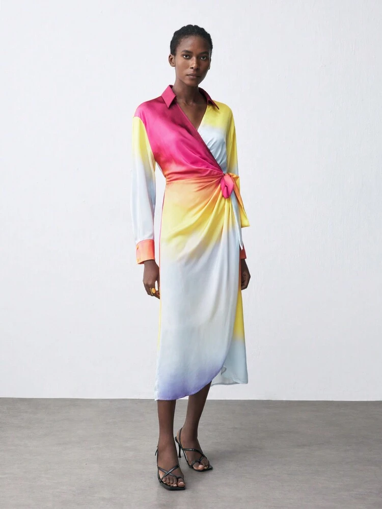 SHEIN Maija 1pc Women Ombre Tie-Front Long Sleeve Elegant Dress For Holidays, Autumn/Winter