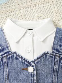SHEIN Bộ 2 chiếc/bộ váy xòe tay bồng màu trắng đơn giản cho bé gái kèm áo dây denim, trang phục hàng ngày - Rửa trung bình - Xem 6