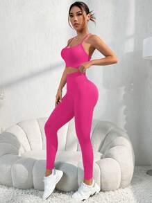 SHEIN Sports Bộ đồ thể thao liền mạch không dây hở lưng màu trơn & quần 7/8 dành cho nữ Bộ đồ tập luyện quần legging cho nữ - Màu Hồng Tươi - Xem 6