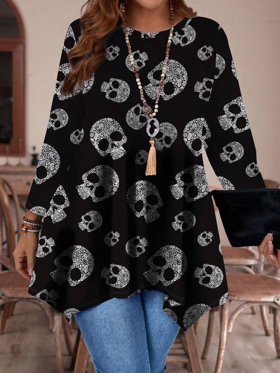 EMERY ROSE Áo thun nữ cổ tròn rộng tay 3/4 viền bất đối xứng cỡ lớn, mùa thu và đông - màu đen - Xem 1