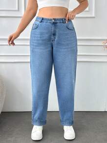 RueChic Plus Elastic Band Detailed Folded Hem Mom Jean - Medium Wash - View 3