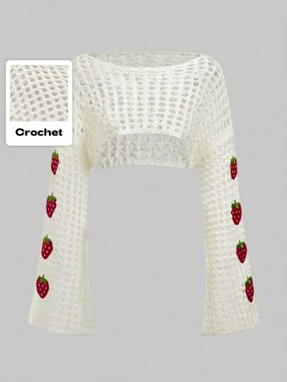 Kawaii Summer Crochet Ladies' Hollow Out Knitted Pullover Sweater With Strawberry Design, School