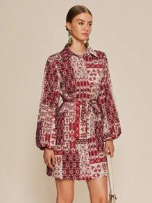 Almamuse Women Allover Print Belted Button Front Long Sleeve Dress