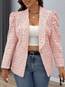 Flirla Blazer de Manga Bufante com Estampa Floral Jacquard, Elegante, Plus Size - Rosa chiclete - Visão 3