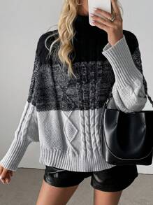 SHEIN Unity 新款高领麻花针织蝙蝠袖宽松优雅女式毛衣，秋冬针织套头衫 - 彩色 - 查看 3