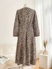 SHEIN Frenchy Plus Size Women Leopard Print Midi Dress, Fashionable Minimalist Style For Autumn - Brown - View 2