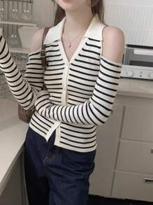 DAZY Plaid Patchwork Slim Fit V-Neck Knit Cardigan,Fall Clothes - Black and White - View 3