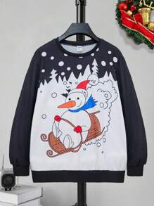 1pc Teenage Boy Crew Neck Sweatshirt, Funny Snowman Ski Print, Cozy Fleece Fabric Winter Warm Series, Casual And Cozy Family Matching Look