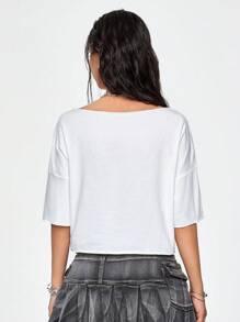 ROMWE J-Fashion Áo thun cỡ lớn Y2K cổ bất đối xứng "I LOVE LEOPARD" dành cho nữ - trắng - Xem 6