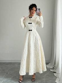 Selianne 优雅提花纽扣前开襟连衣裙，适合春秋季女装 - 杏色 - 查看 6