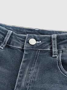 ROMWE Grunge Punk Women's Leopard Print & Embroidery Letter Patch Pocket Flared Casual Jeans - Blue - View 3