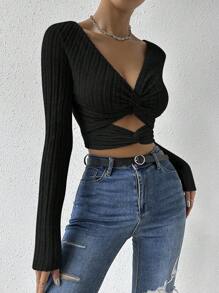 Firerie 纯色V领扭纹镂空性感长袖T恤 - 黑色 - 查看 5