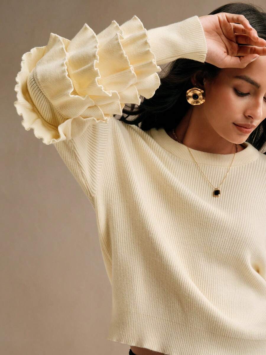 Anewsta 女士新款优雅花卉装饰毛衣，长袖圆领设计