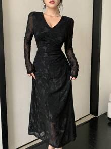 DAZY Women's Long Bodycon Dress With All Over Bow Print,Ruffle,Fall Dress