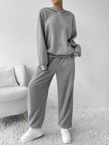 Muchica 2 piezas Conjunto de chándal holgado y casual de felpa para mujer, gris - Gris - Ver 4