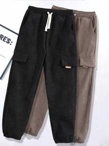 SHEIN 2pcs Tween Boys Casual Ribbed Fabric Pocket Pants Set - Multicolor - View 3