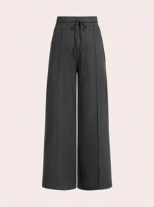 Franclia 2pcs Plus Size Gray U-Neck Bodysuit With Wide Leg Pants, Casual Outdoor Fashion Minimalist Style, Knitted Fabric Fall Cloth For Women - Grey - View 5