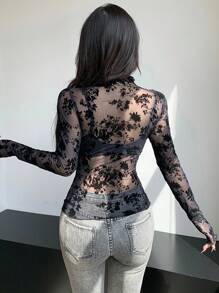 DAZY Áo ren xuyên thấu mới cho nữ mùa thu, áo dài tay mỏng, cổ lọ cho nữ - màu đen - Xem 2