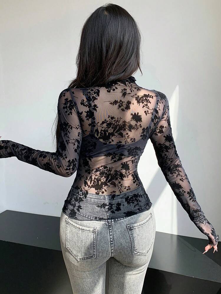 Nueva blusa transparente de encaje para mujer para otoño, blusas de mujer de manga larga transparente con cuello alto