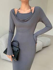 EastFlair 韩国时尚女式性感垂坠领灰色鱼尾连衣裙 - 灰色 - 查看 5