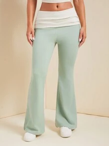 SHEIN SXY Women's Contrast Ruched Waist Flare Leggings - Green - View 6